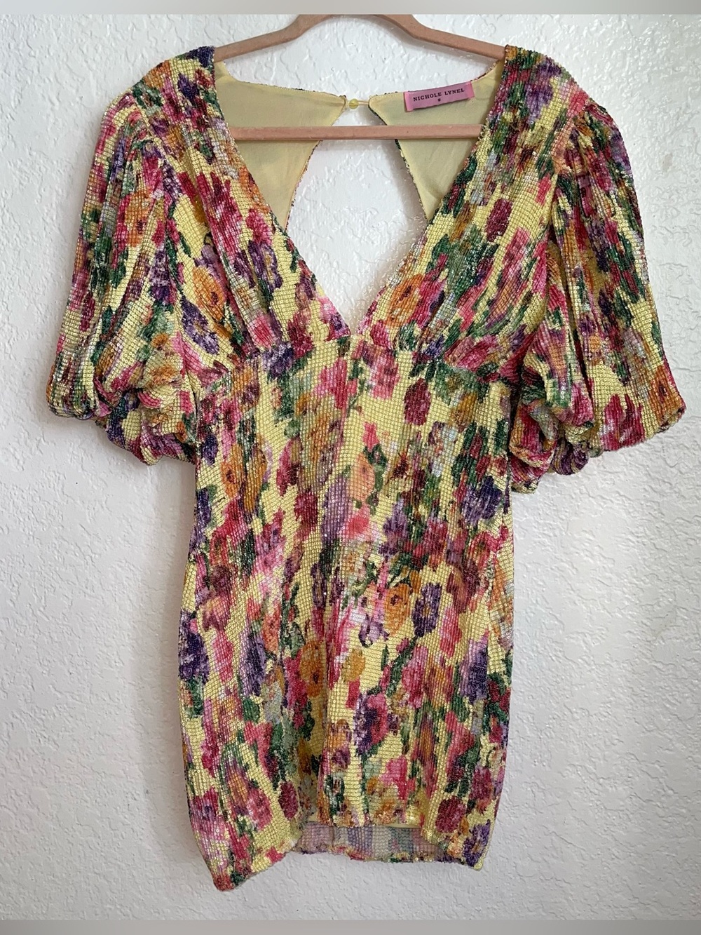 Nichole lynel puff sleeve floral sequin mini dress womens size small